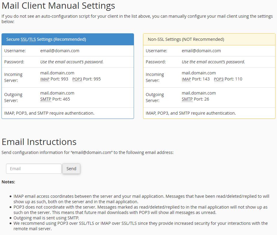 Mail client manual settings