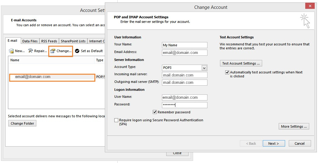 Account settings edit screen